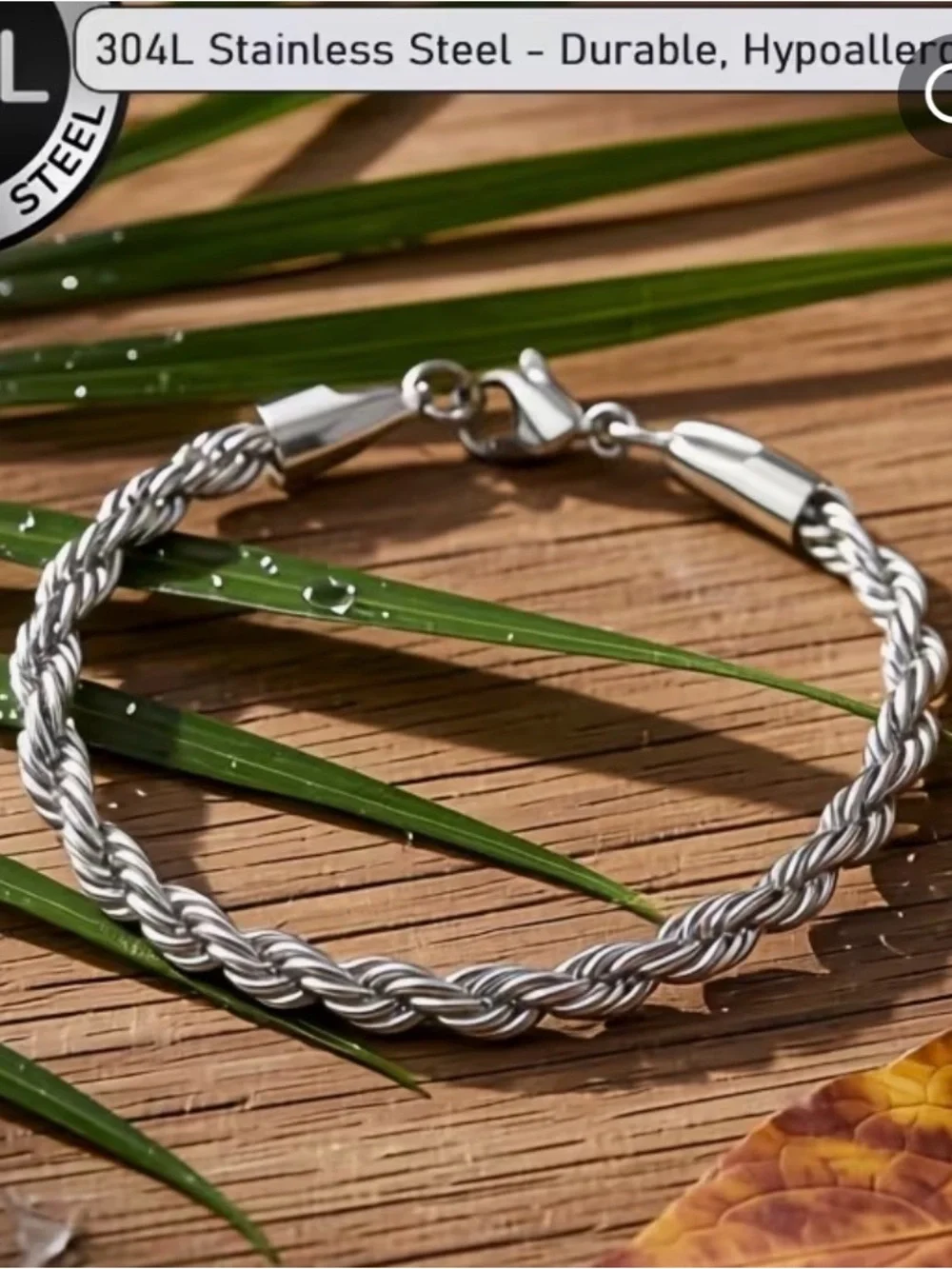 Stainless Steel Rope Chain Bracelet for Men - Silver